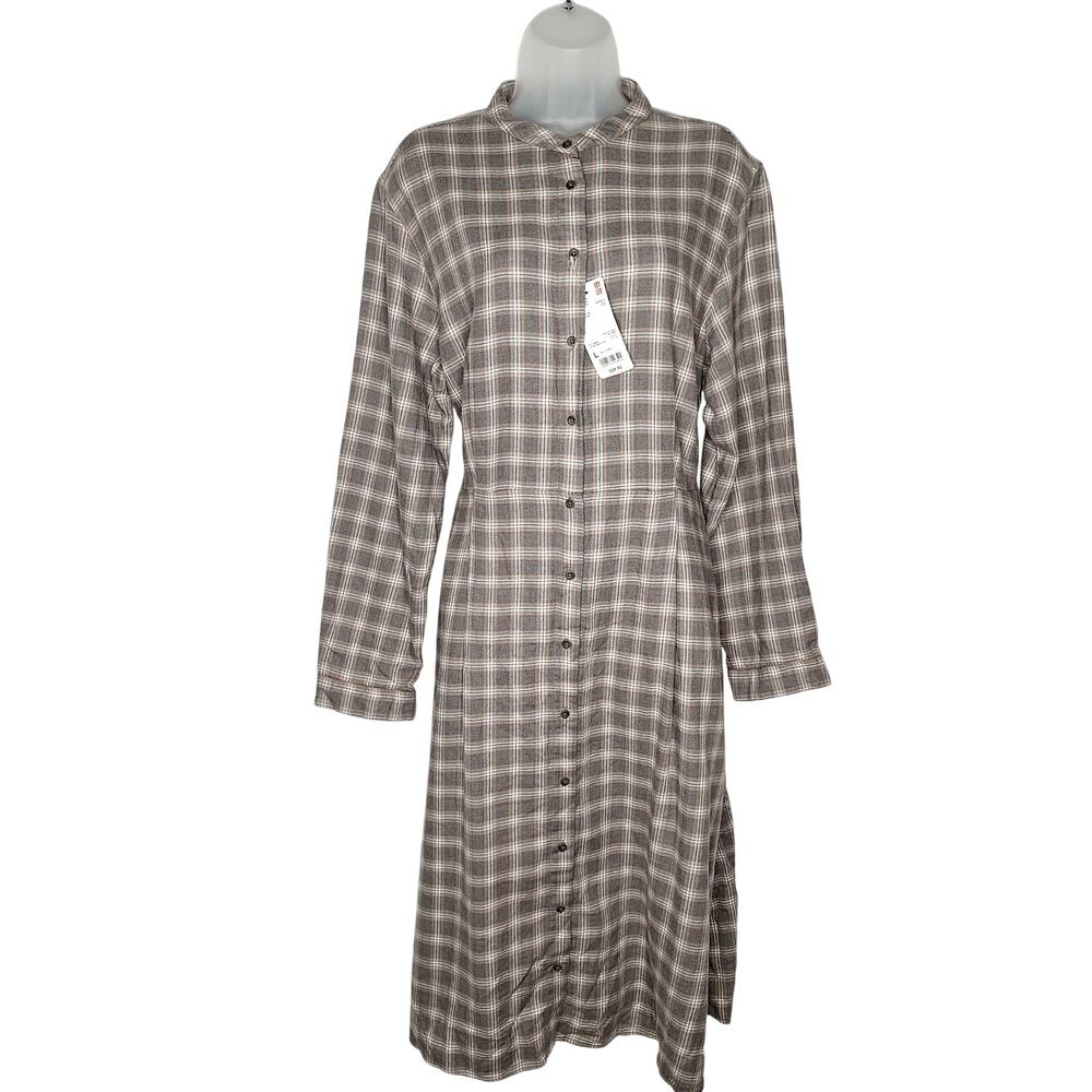 Uniqlo Soft Flannel Plaid Shirt Dress Long Sleeve Flare Large Grunge Midi Tartan